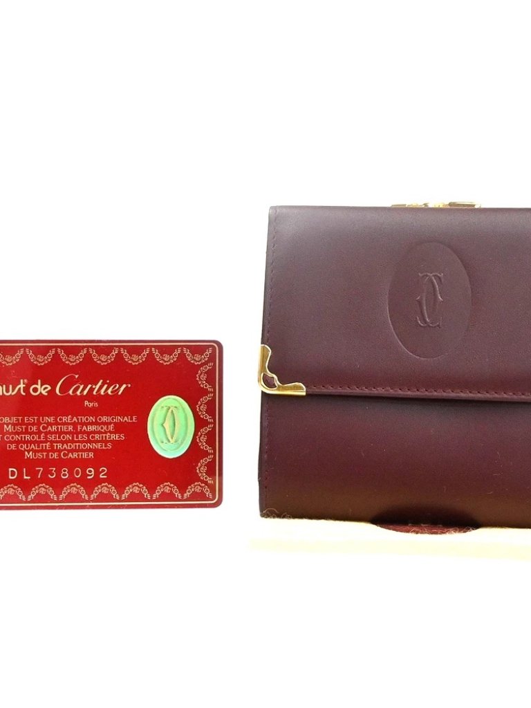 Cartier 2c Logo Trifold Compact Wallet Purse Leather Red Gold Italy 01rl879